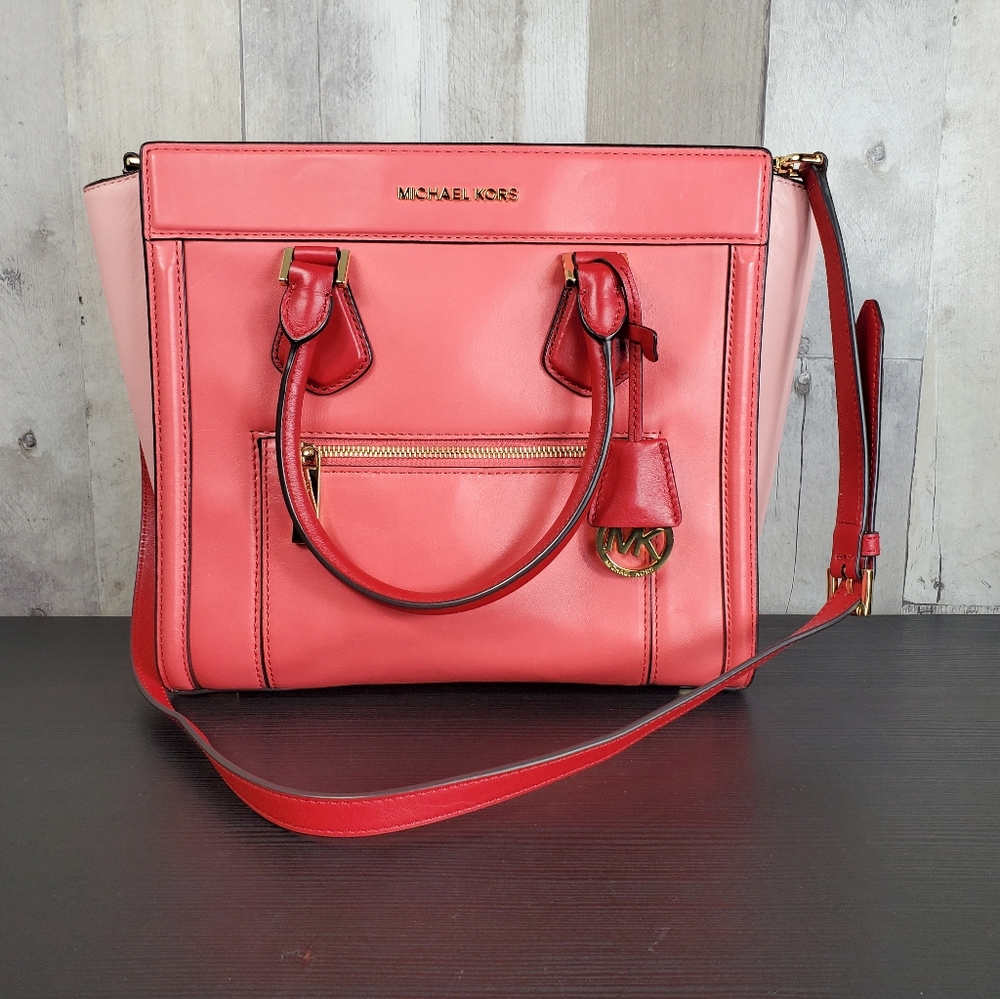 Michael Kors Crossbody Bag Tote Purse Pink Coral Leather Spacious GUC